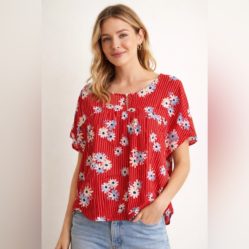 Madewell Red Daisy Floral Pinstripe Blouse Large Boho Cottagecore Summer Top